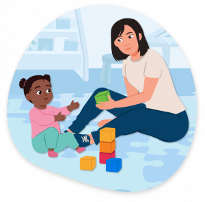 CDA Pathway Illustration An illustration of a teacher using blocks with a child in an early childhood learning center.