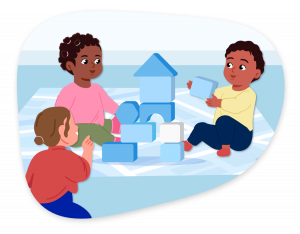 Supporting in Pre-K Classes Illustration An illustration of toddlers playing with blocks in a Pre-K classroom.