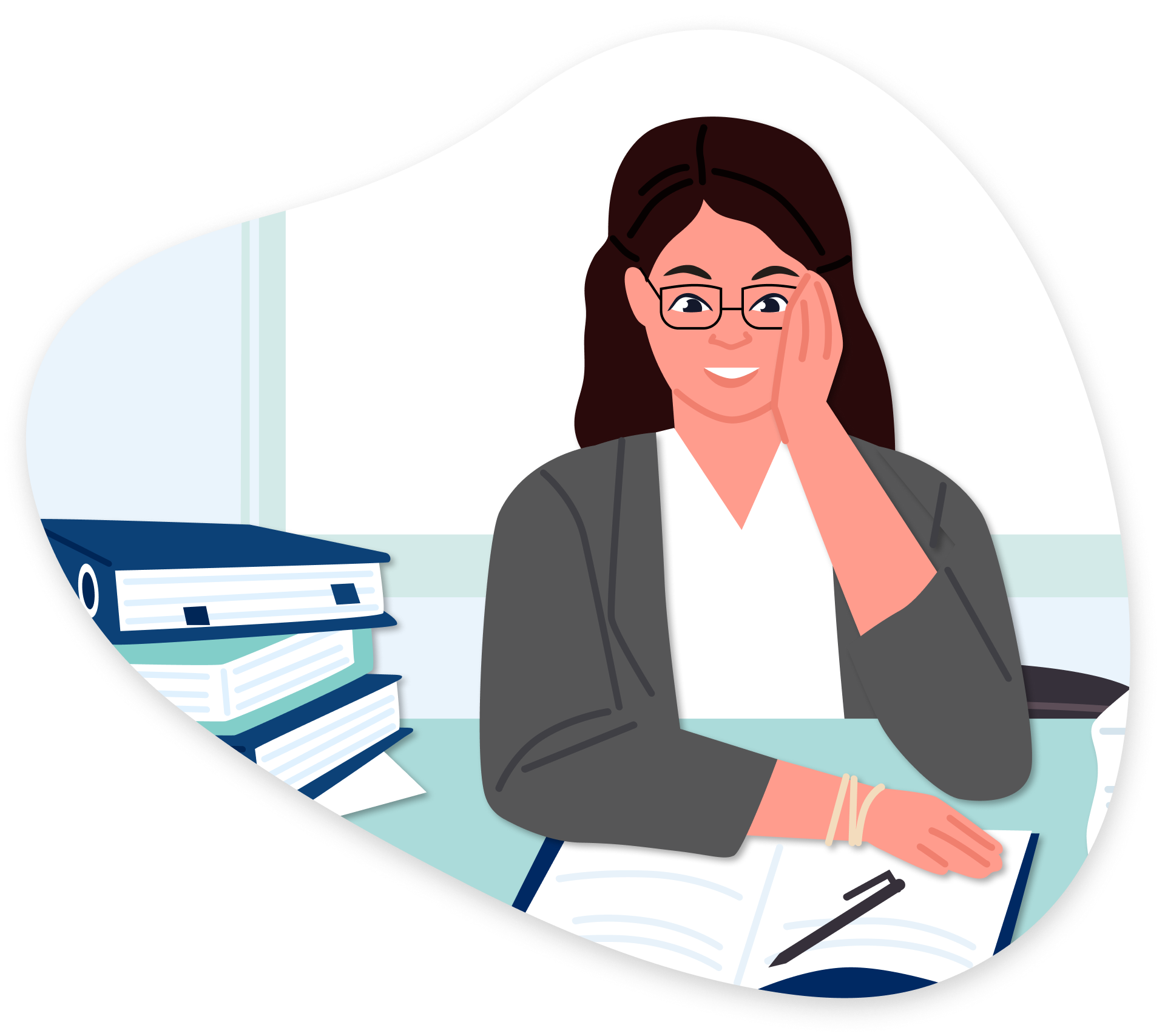 Custom PL Illustration An illustration of a woman sitting at a desk with an open notebook.
