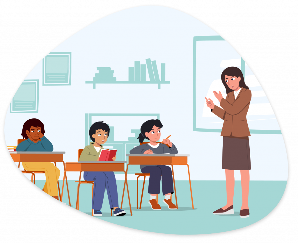 An illustration of a teacher teaching to elementary students who are reading and writing.
