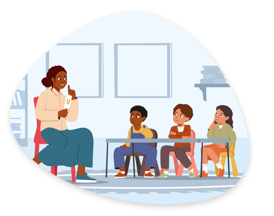 Emergent Lit Micro Illustration An illustration of a teacher showing letter cards to young students.