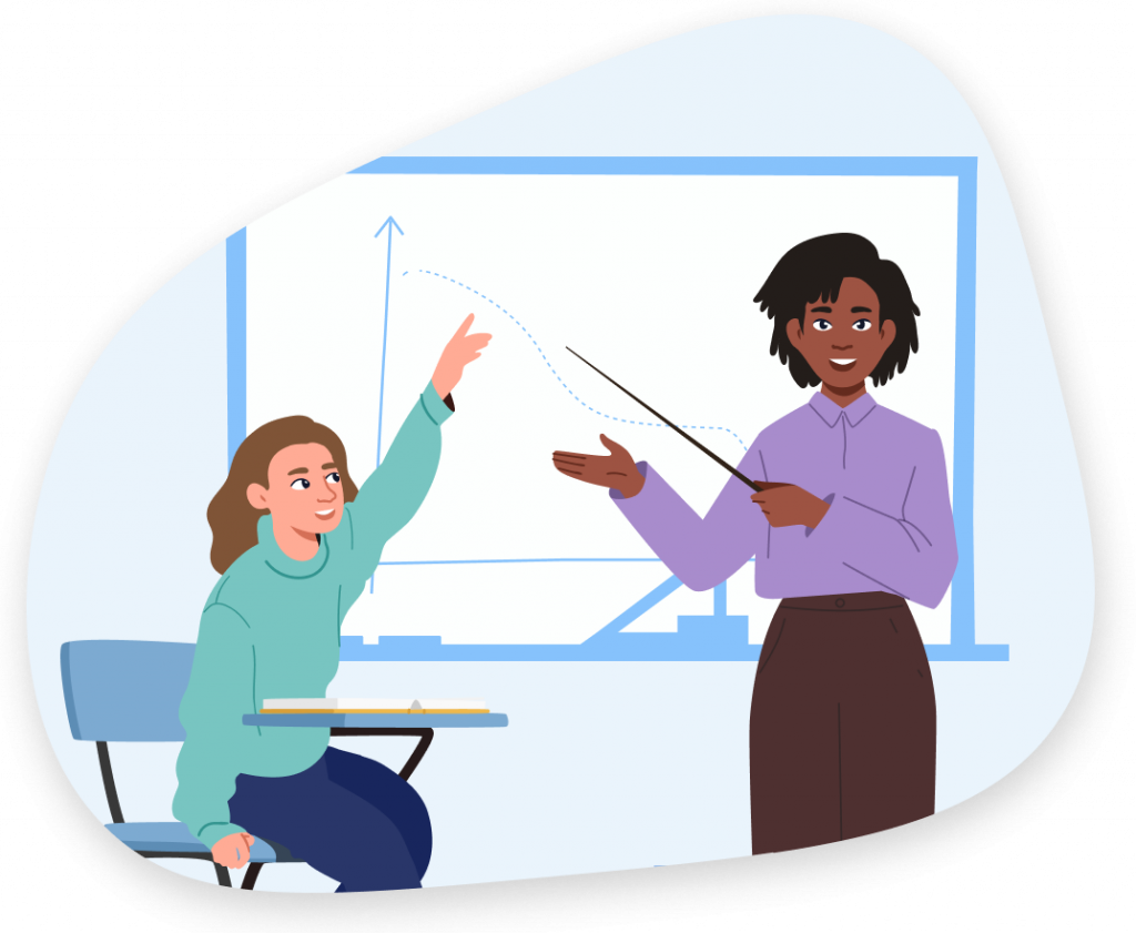 Math Matrix Micro Illustration An illustration of a woman pointing at a graph on a white board with a student raising their hand to ask a question.