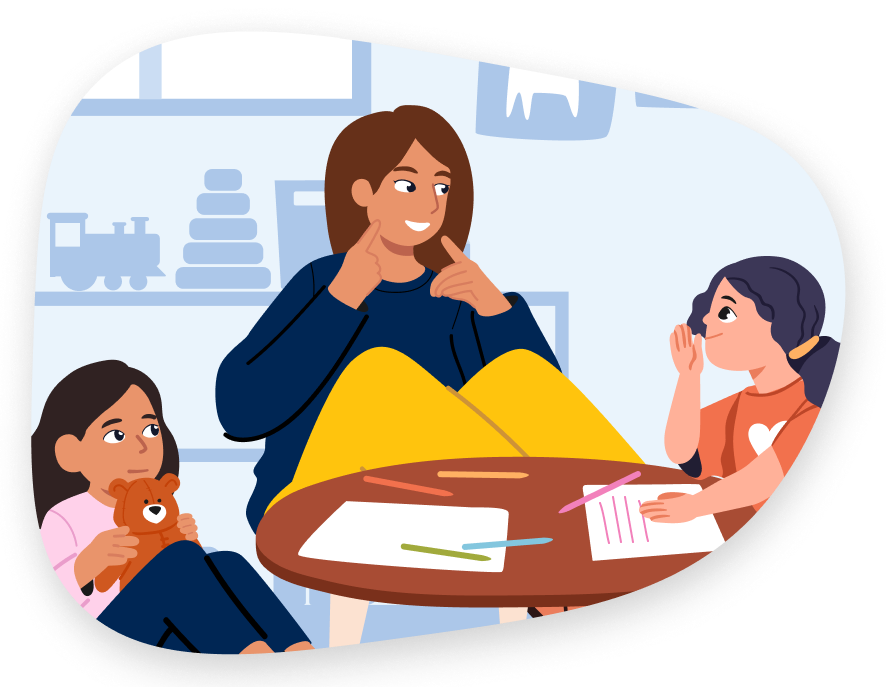 Small Group Literacy Instruction Illustration An illustration of a teacher with a small group of students teaching literacy.