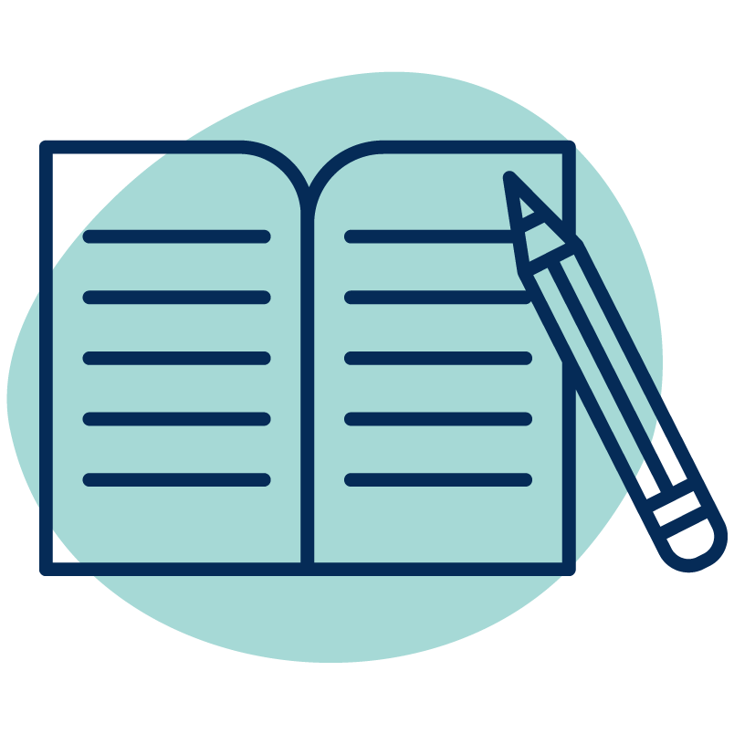 New Lit Icon - Blob An icon of an open book with a pencil.