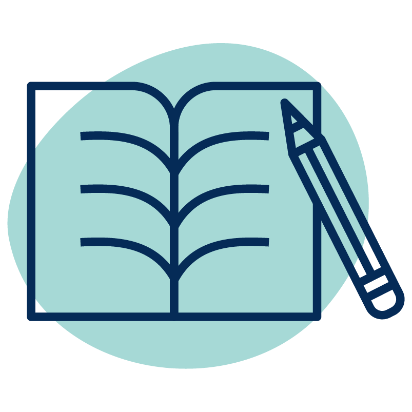 New Lit Icon - Blob An icon of an open book with a pencil.