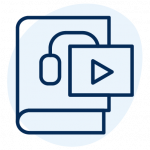 An icon of a book next to headphones and a video player.