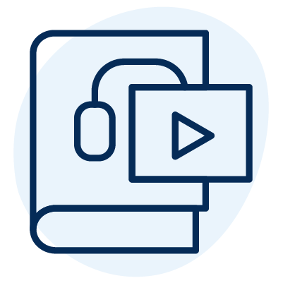 An icon of a book next to headphones and a video player.
