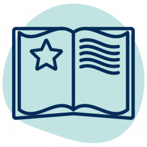 Literacy Icon - Teal An open book with a star on one page and text on the other.