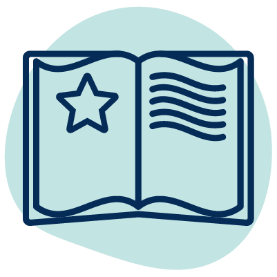 An open book with a star on one page and text on the other.