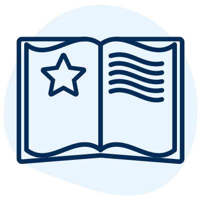 An open book with a star on one page and text on the other.