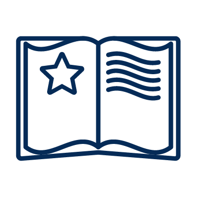 Literacy Icon - White An open book with a star on one page and text on the other.