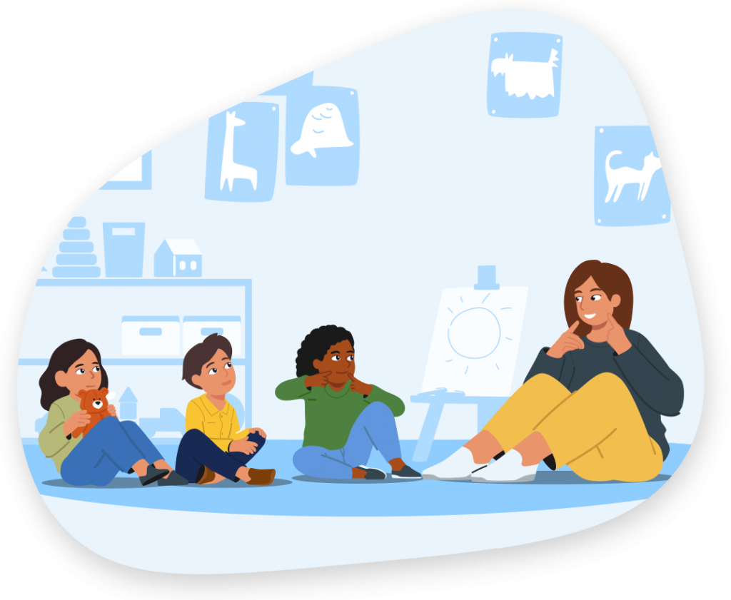 Early Childhood Programs Illustration A teacher sitting on the floor with very young students, teaching them about basic words.