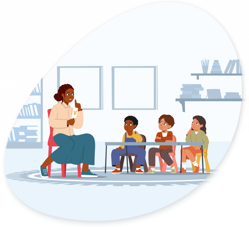 Home Hero Illustration An illustration of a woman teaching phonics to three young children.