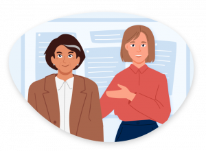Leadership Development Pathway Illustration An illustration of two teachers standing in front of a pegboard, with one encouraging the other.