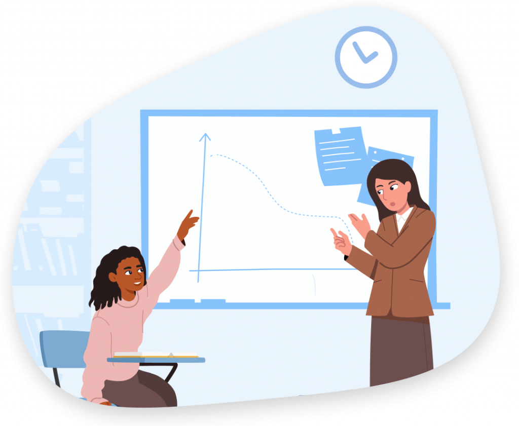 Mathematics Programs Illustration A teacher in front of a whiteboard with a graph on it., speaking to a highschooler raising her hand to ask a question.