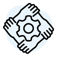 Four hands holding each other in a circle around a gear.