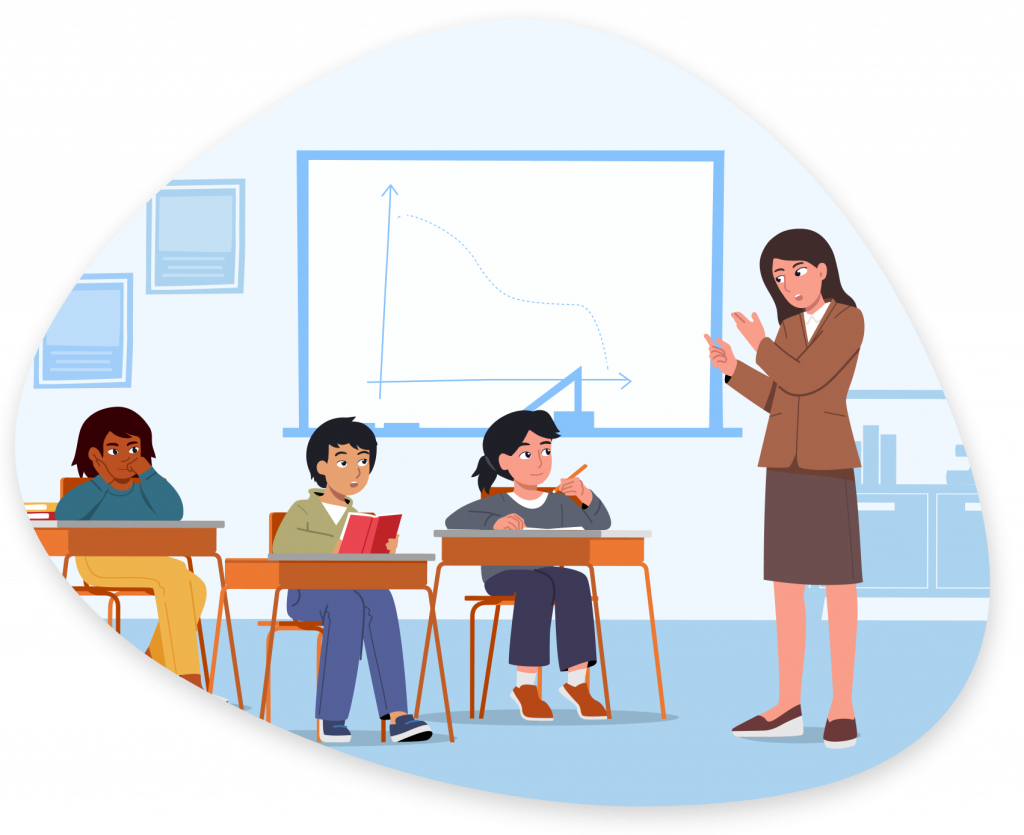 Math Language Routines Illustration An illustration of a teacher explaining a graph to a set of students at their desks.